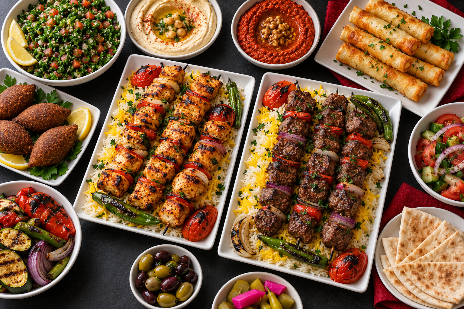 Grilled skewers with rice and sides — illustrative food image