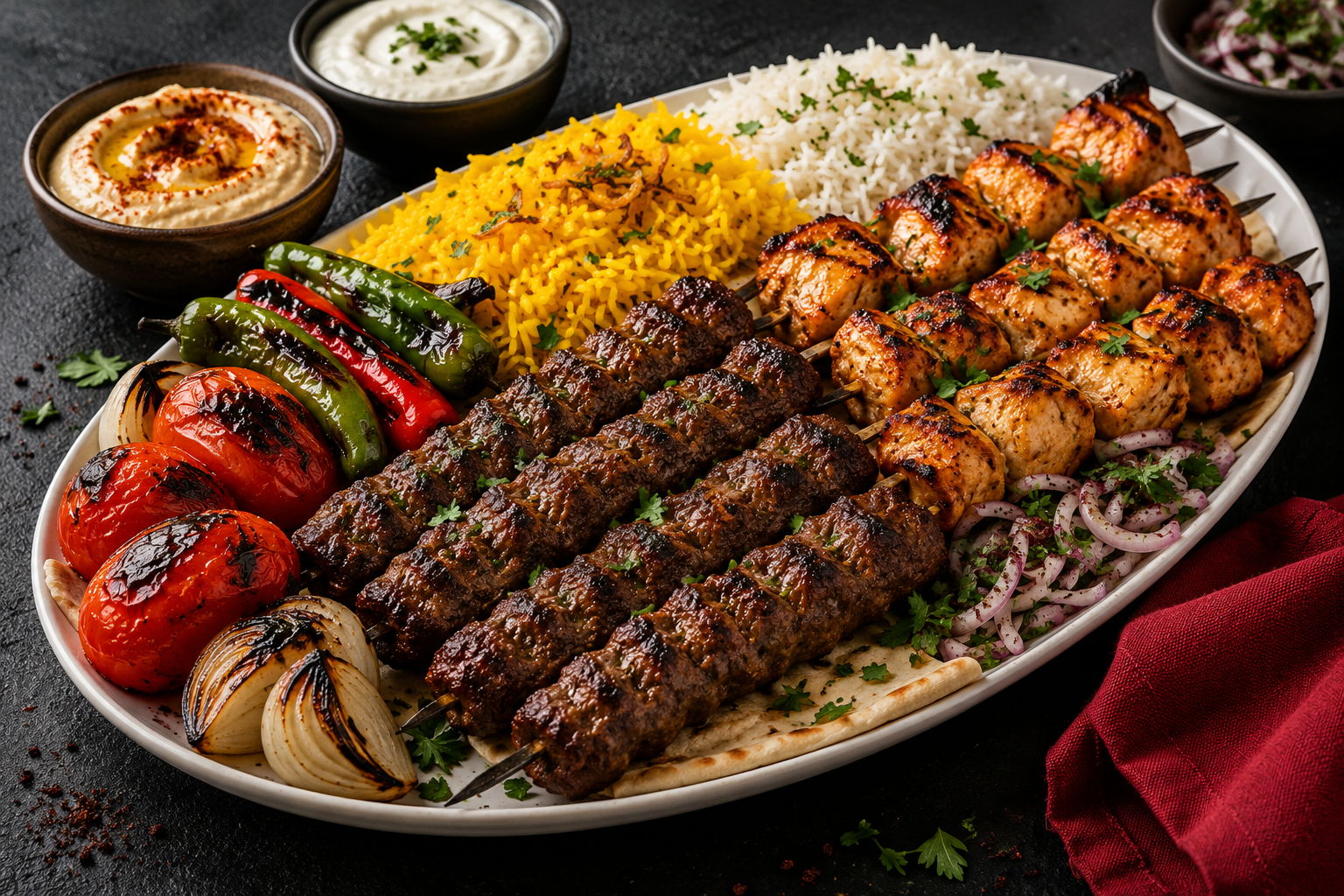 Grilled skewers with rice and sides — illustrative food image